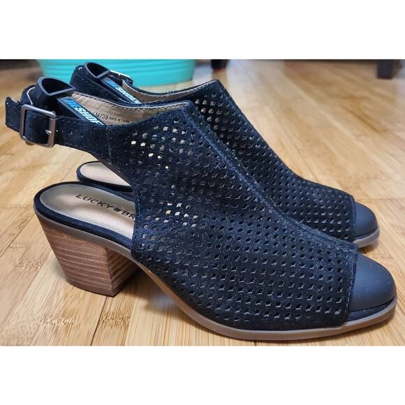 Lucky Brand Bertel Slingback Sandals Women 8.5 M Black Brown Block Heel Peep Toe - Picture 1 of 10